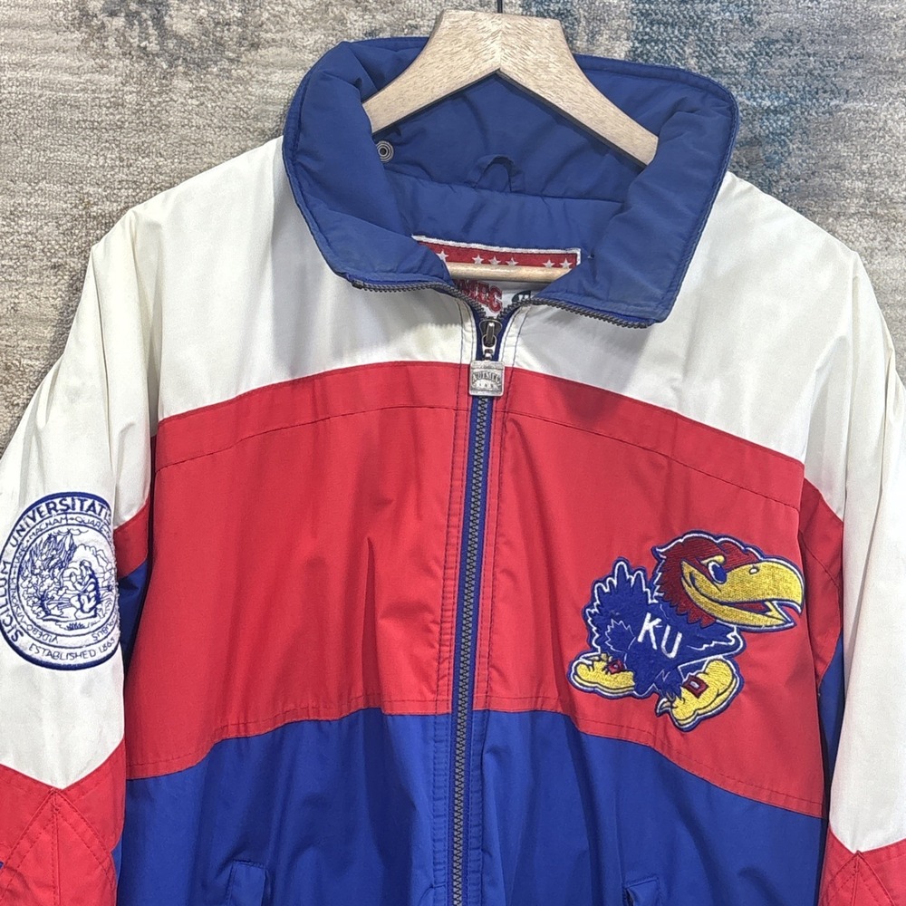 Vintage 1990s KU Kansas Jayhawks Nutmeg Color Block Jacket Mens XL Retro